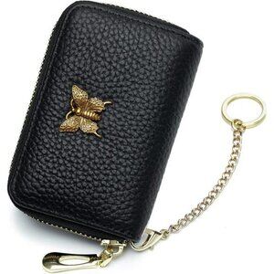 Leather RFID Card Holder Wallet for Women Zipper Keychain Credit Case
